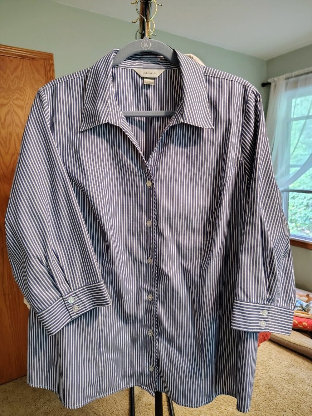 CJ Banks 1X Blue White Pinstripe Career Blouse Button Down